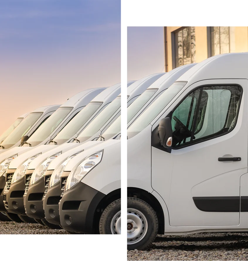 Union (10) Row of white delivery vans parked outside.