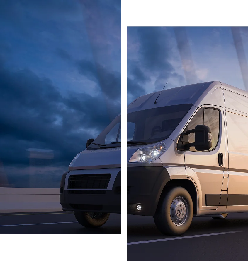 Union (8) (1) White van driving on highway at sunset.
