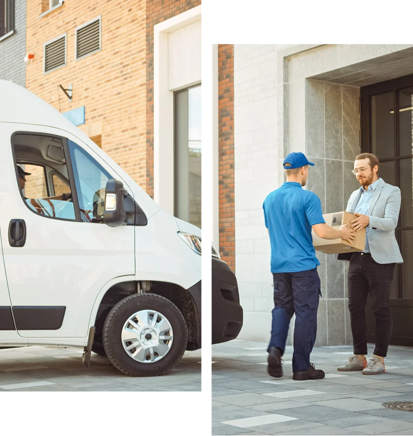 Union (9) Delivery person handing package to recipient.